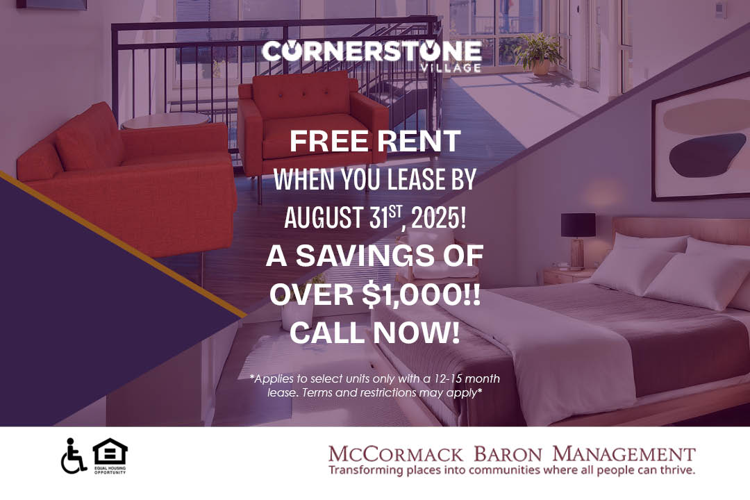 Free Rent when you lease by 8/31/2025! A Savings of over $1,000!! CALL NOW! *Applies to select apartments only 12-15 month lease. Terms and restrictions may apply*